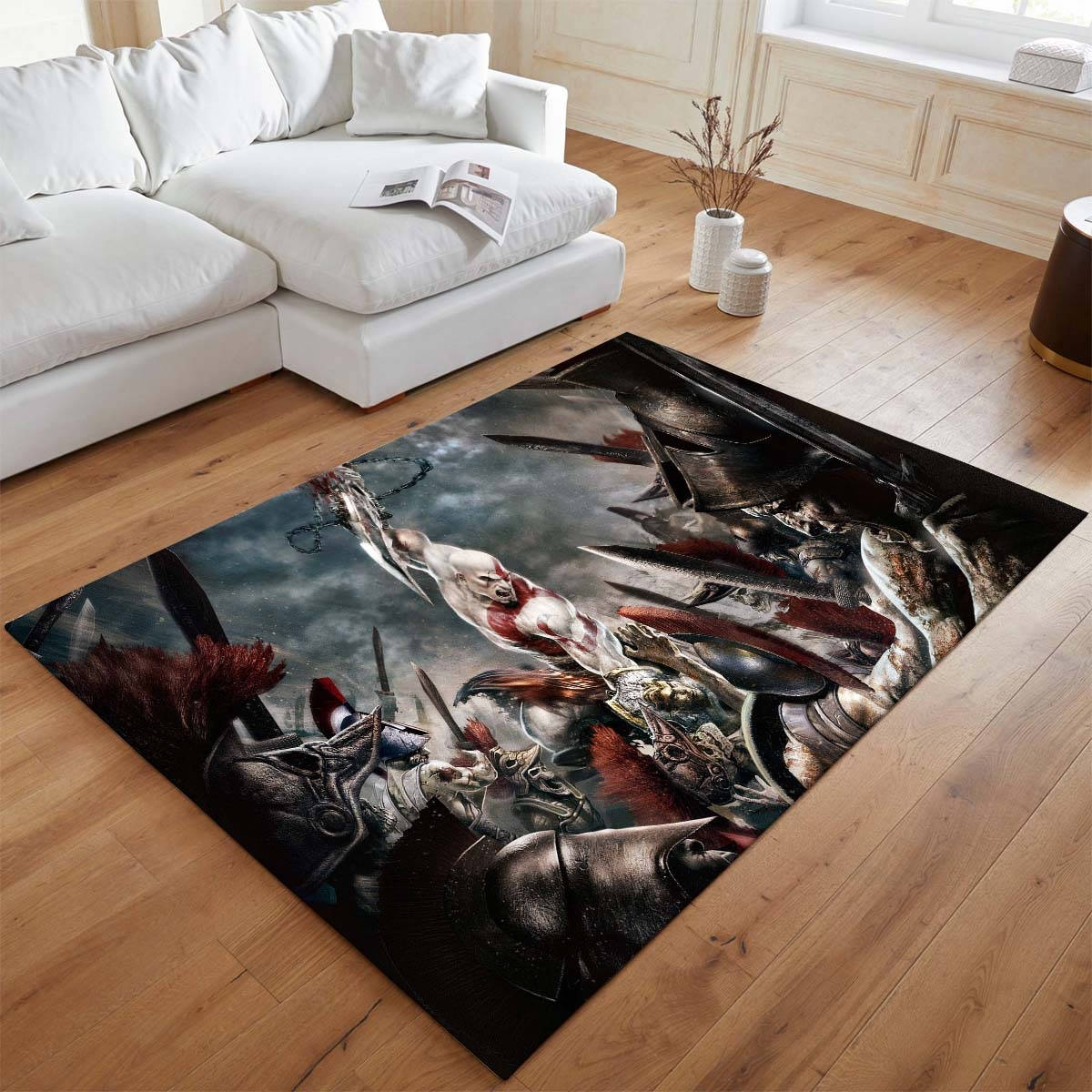 Kratos Un Guerrier Spartiate Contre Tous Tapis de salon, Impression Haute Définition Modèle Univers Fantastique