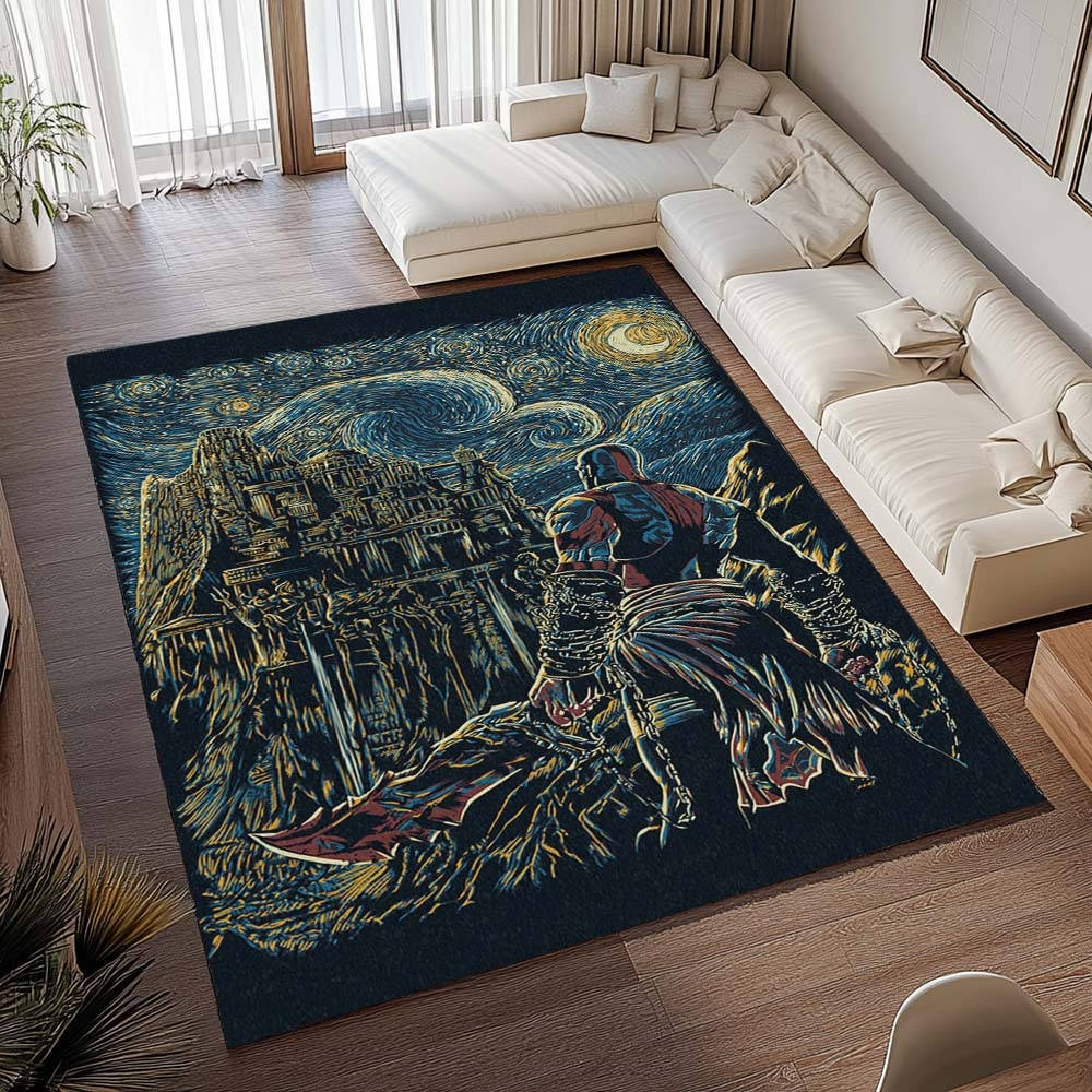 God Of War Ragnark Kratos Ghost Of Sparta Style Van Gogh Tapis de salon, Décoration Intérieure Geek Rectangle Moelleux