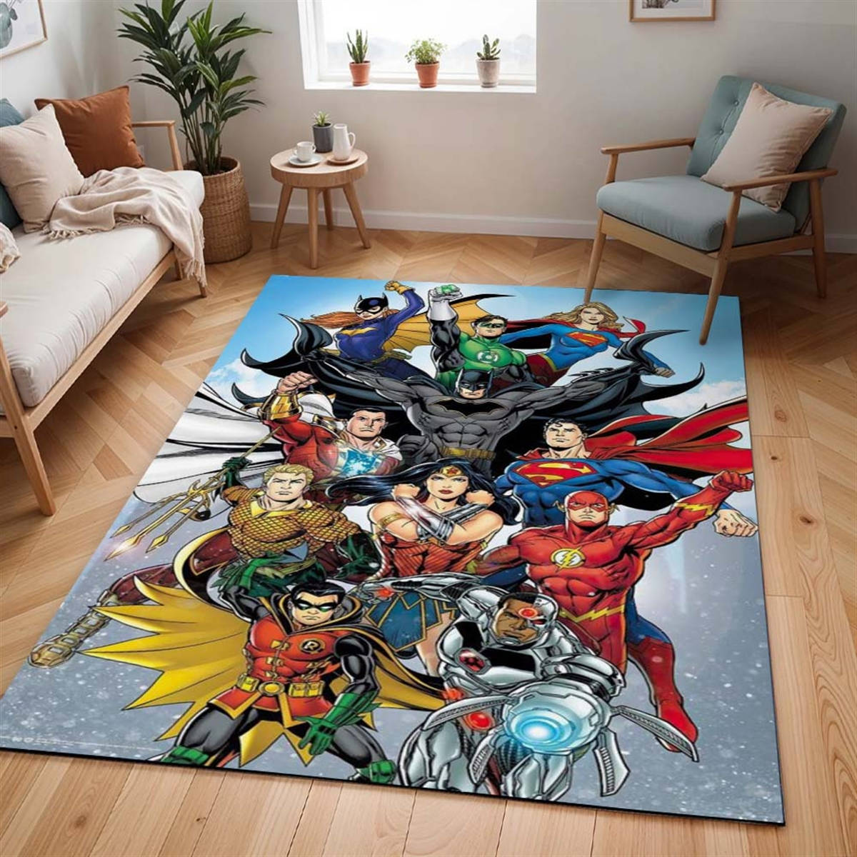 Ligue Des Justiciers Tous Les Personnages 01 Tapis, Décoration Intérieure Ligue des Justiciers Rectangle Moelleux