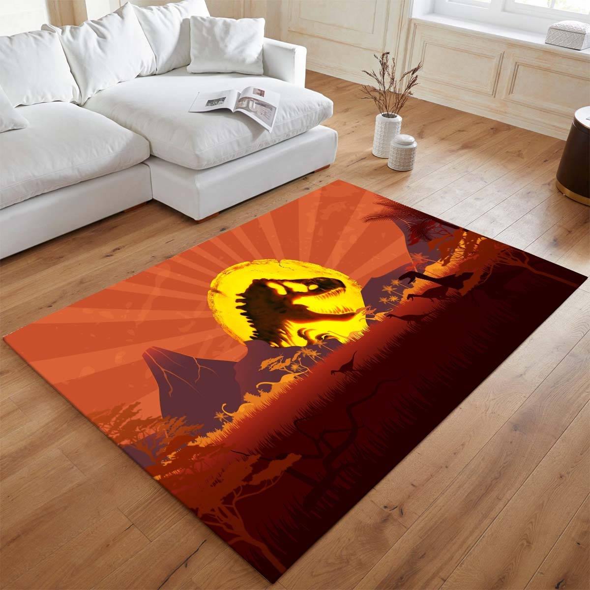 Vue Majestueuse De Jurassic Park Dans Toute Sa Splendeur Tapis de salon, Décoration Intérieure Monde Perdu Rectangle Moelleux